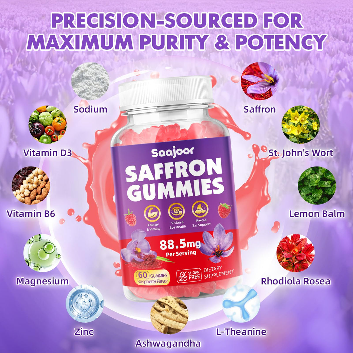 Saajoor Saffron Gummies with a handful of gummies on a table