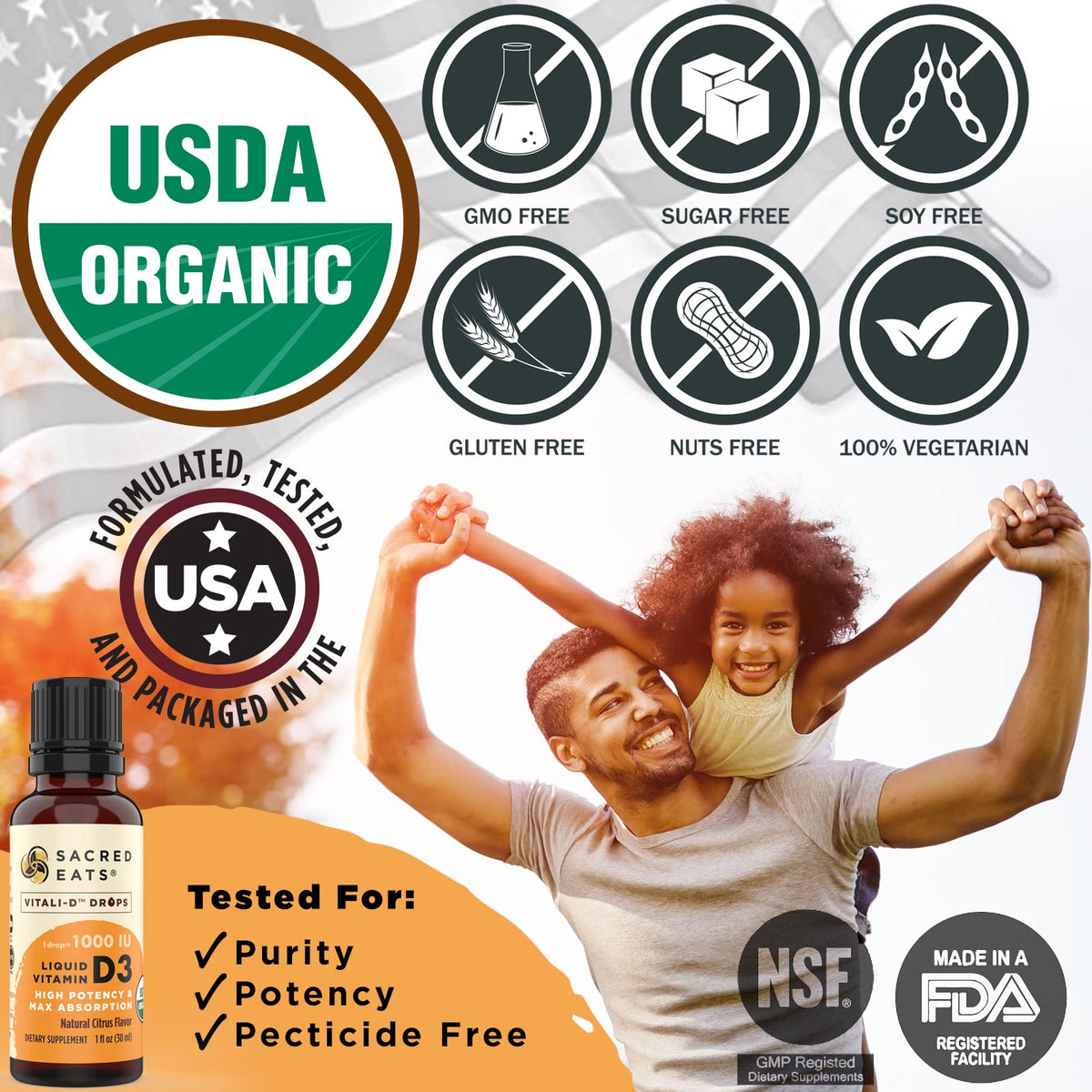 Sacred Eats Organic Liquid Vitamin D Drops bottle with citrus fruits