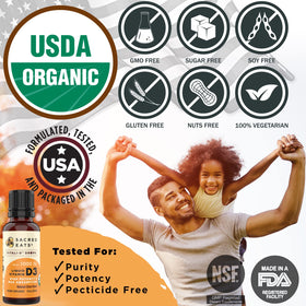 Sacred Eats Organic Liquid Vitamin D Drops bottle with citrus fruits