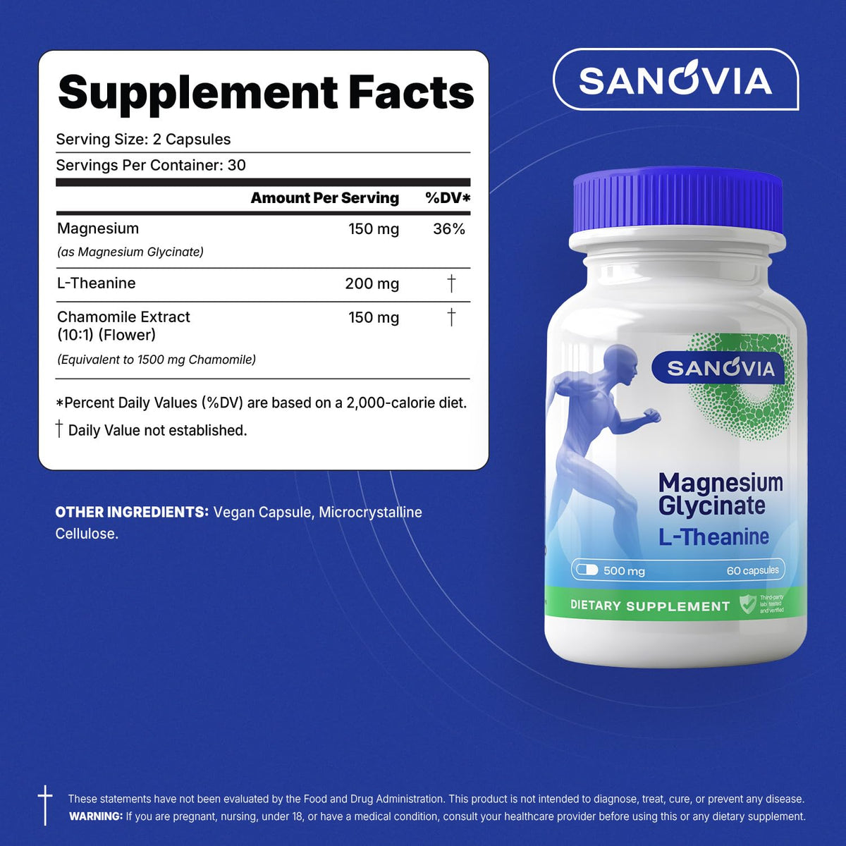 SANOVIA Magnesium Glycinate L-Theanine Chamomile 60 vegan capsules side view