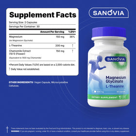 SANOVIA Magnesium Glycinate L-Theanine Chamomile 60 vegan capsules side view