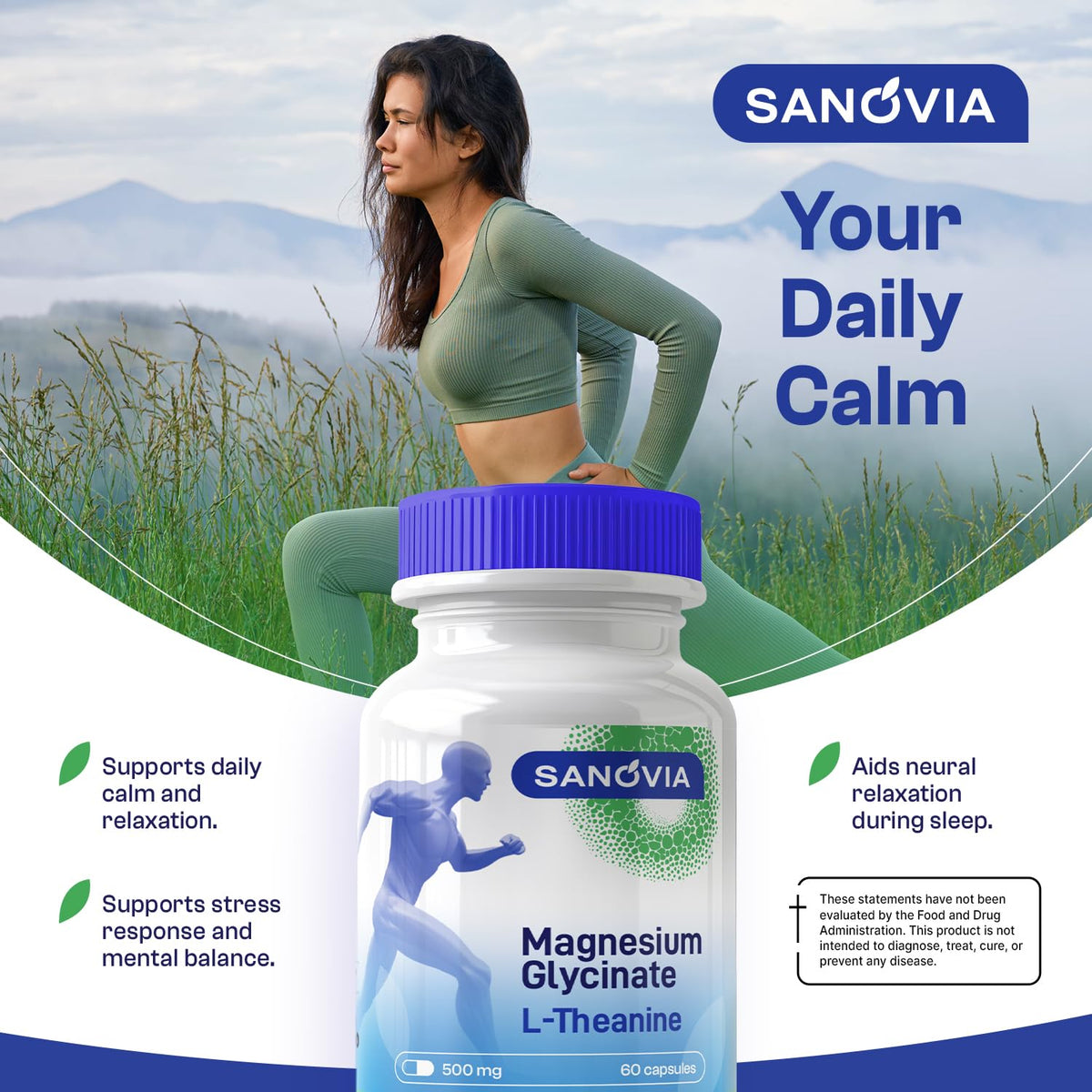 SANOVIA Magnesium Glycinate L-Theanine Chamomile capsules on a wooden table