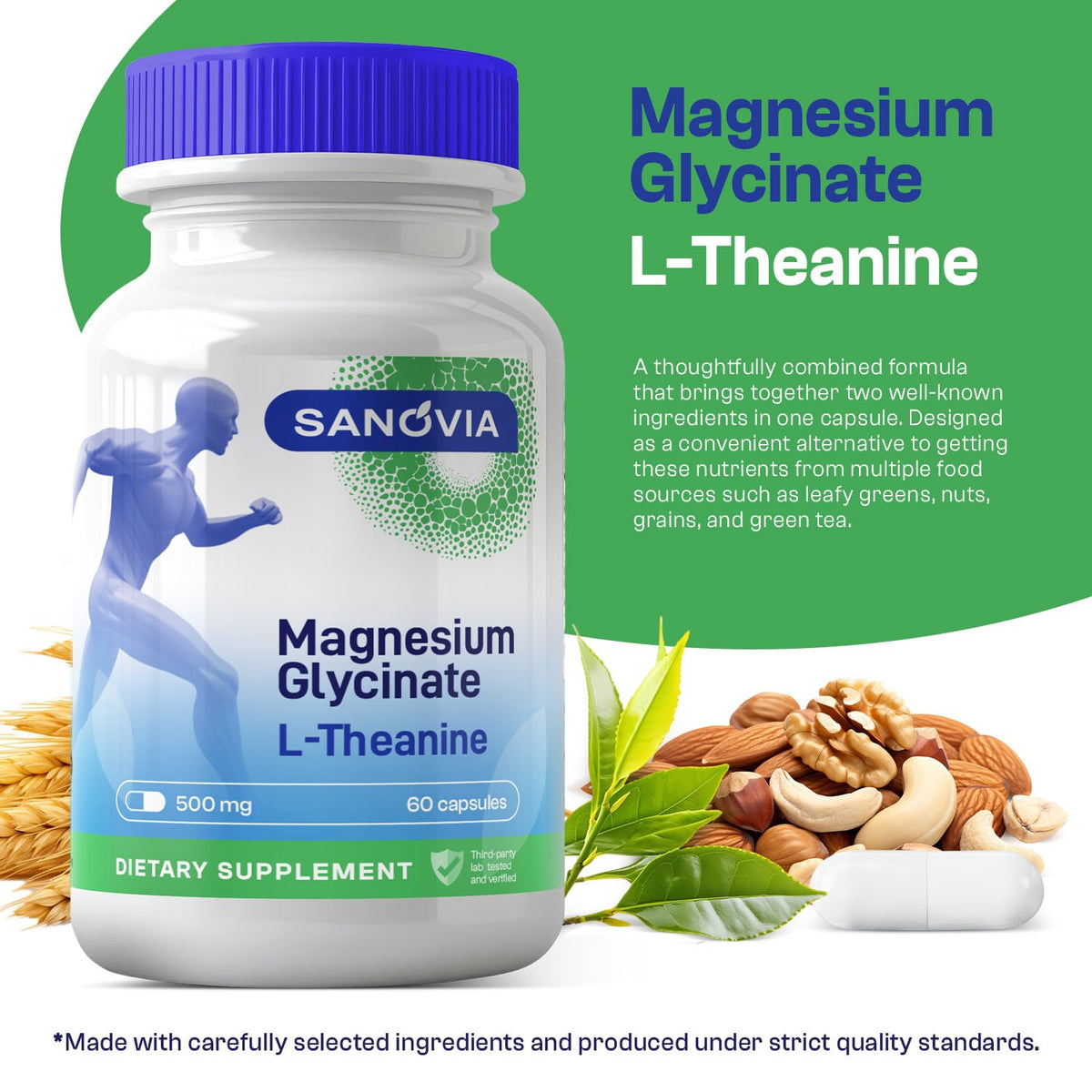 SANOVIA Magnesium Glycinate L-Theanine Chamomile capsules with a glass of water