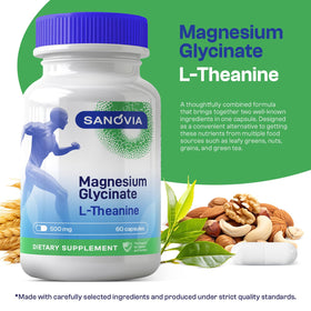 SANOVIA Magnesium Glycinate L-Theanine Chamomile capsules with a glass of water