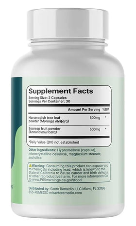 Santo Remedio Moringa and Soursop capsules on a wooden surface