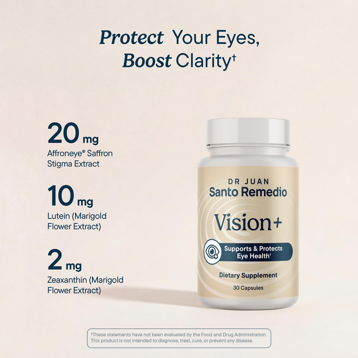 Santo Remedio Vision+ capsules in a clear bottle