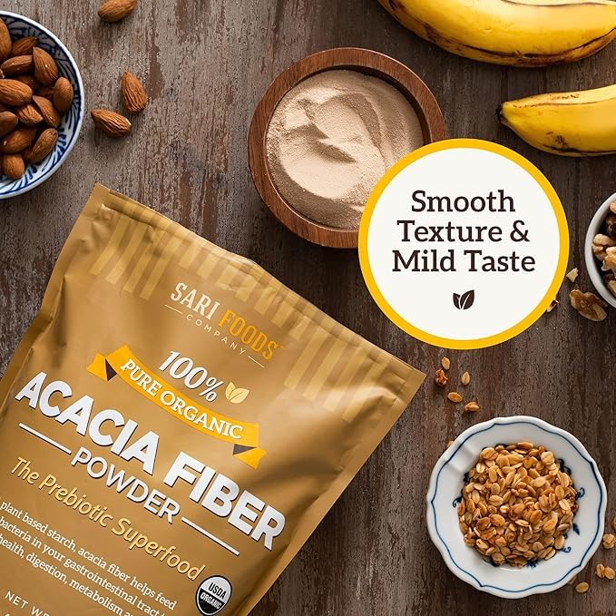 Sari Foods Acacia Fiber Powder 30 oz with a measuring spoon