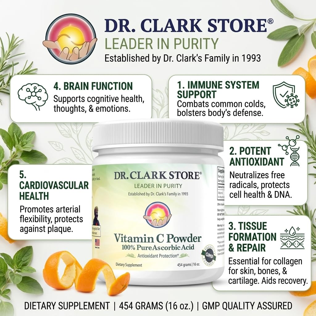 Scoop of Dr Clark Vitamin C Powder on a wooden spoon