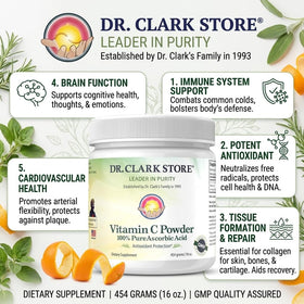 Scoop of Dr Clark Vitamin C Powder on a wooden spoon