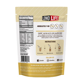 Scoop of LonoLife Collagen Peptides Vanilla powder on a wooden spoon