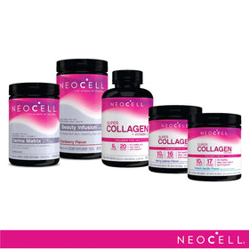 Scoop of NeoCell Collagen Peptides Powder with a smoothie background