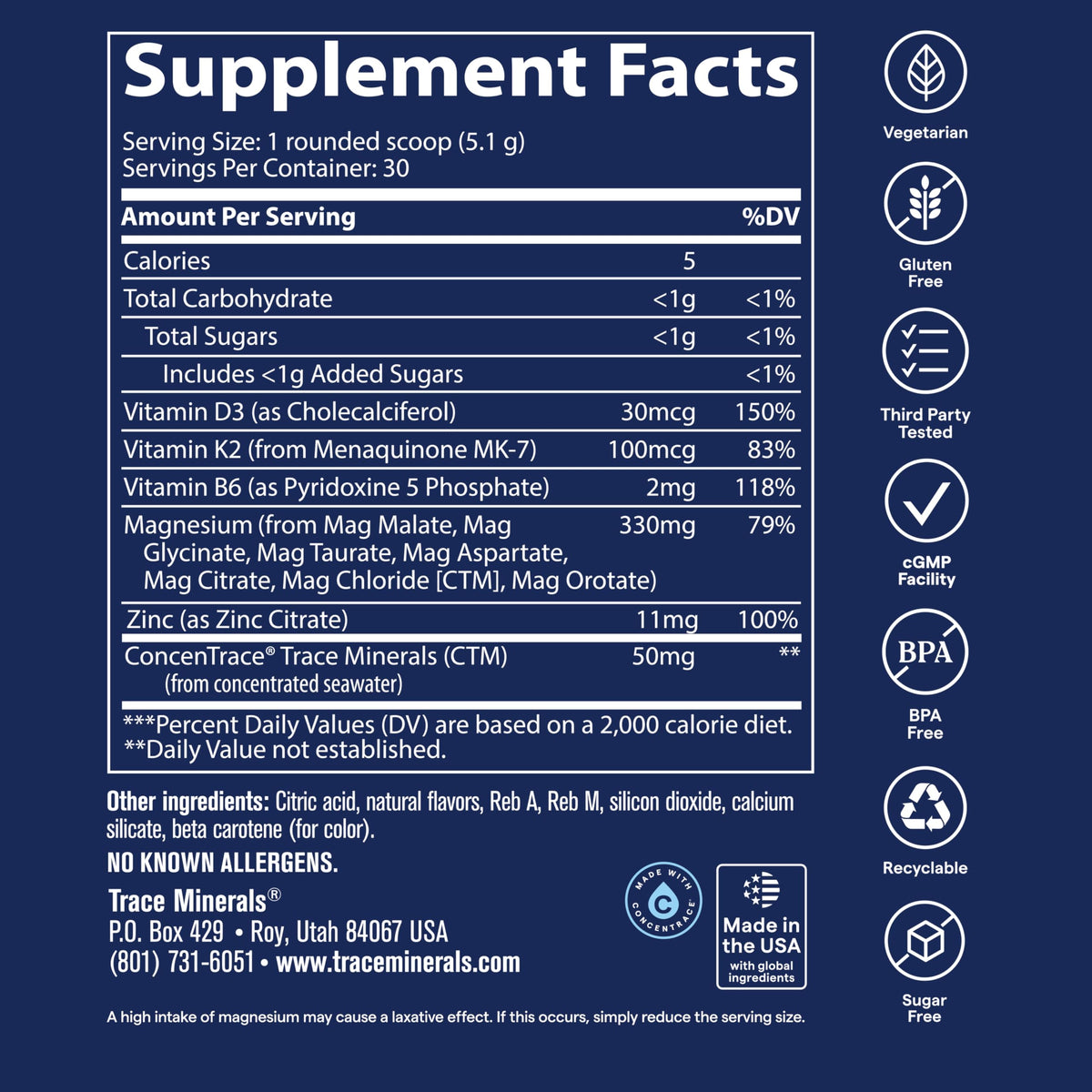 Scoop of Trace Minerals Multi Magnesium Complex Powder beside the container