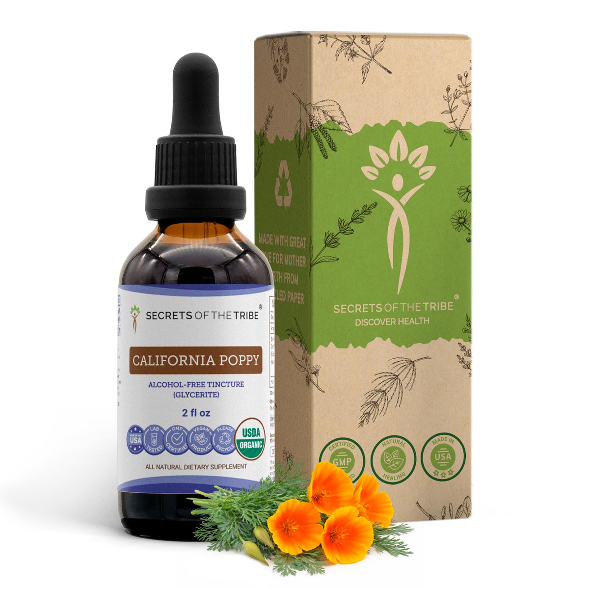 Secrets of the Tribe California Poppy Tincture front view 2 FL OZ