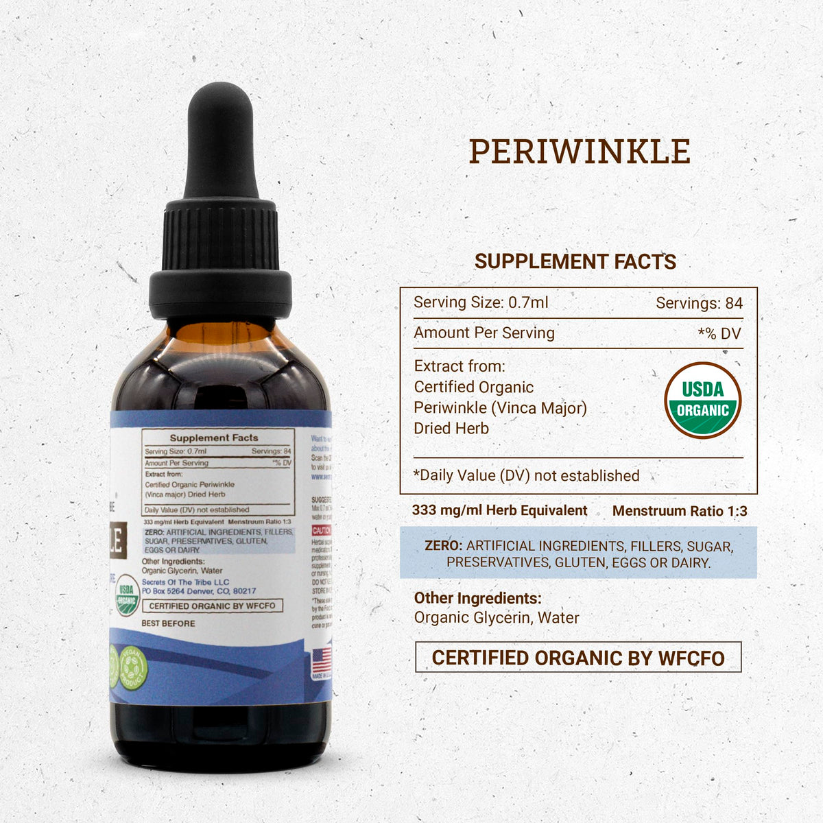 Secrets of the Tribe Periwinkle Organic Extract dropper close-up