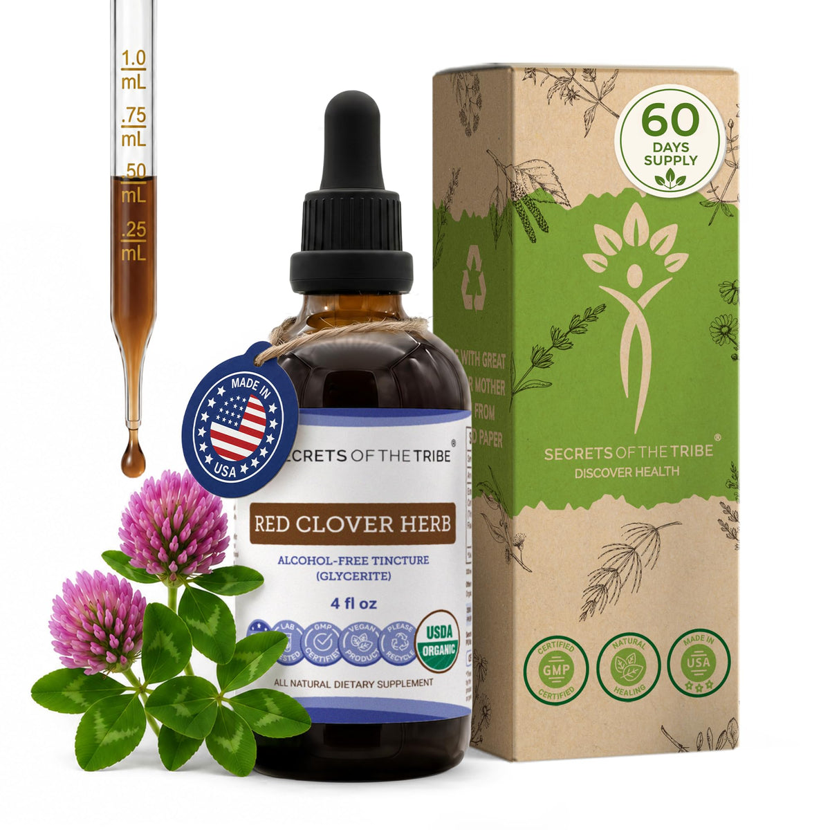 Secrets of the Tribe Red Clover Herb Organic Tincture 4 oz front view