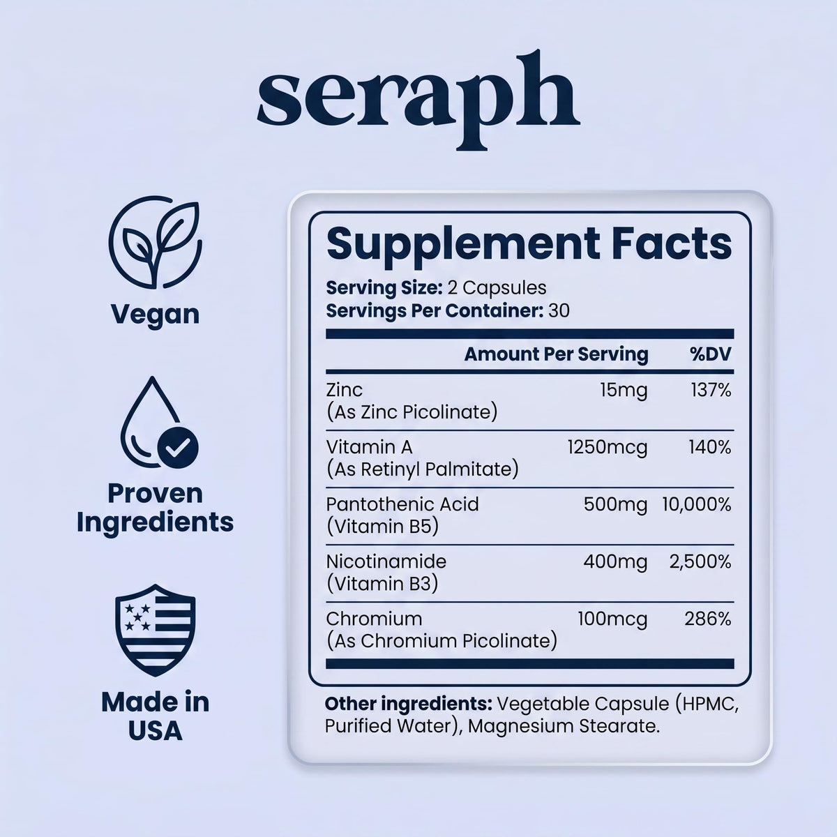 Seraph Acne Supplement capsules on a wooden surface