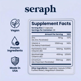 Seraph Acne Supplement capsules on a wooden surface