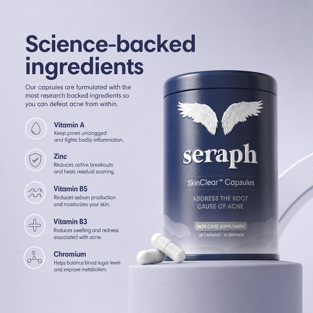 Seraph Acne Supplement displayed with a glass of water