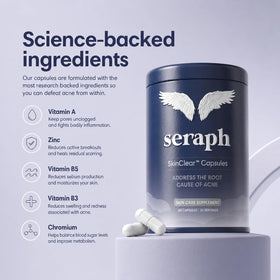 Seraph Acne Supplement displayed with a glass of water