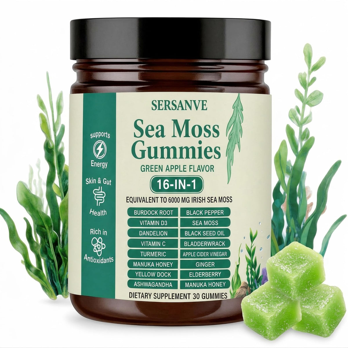 SERSANVE Sea Moss Gummies bottle front view with green apple flavour