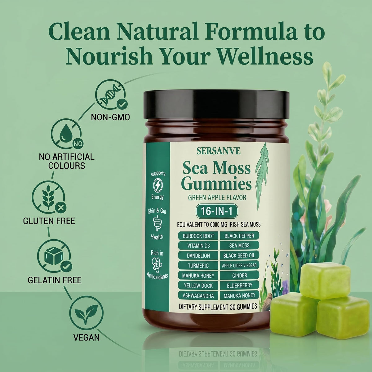 SERSANVE Sea Moss Gummies showing serving suggestion of two gummies