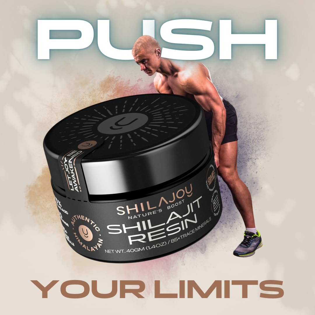 SHILAJOY Shilajit Resin 80g jar next to herbal supplements