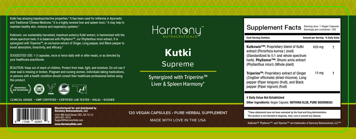 Side view of Harmony Nutraceuticals Kutki Ayurvedic Capsules bottle