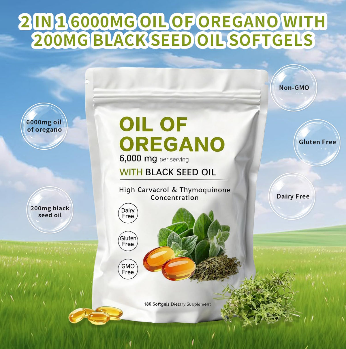 Side view of KITABIO Oregano Oil Softgels showing dosage