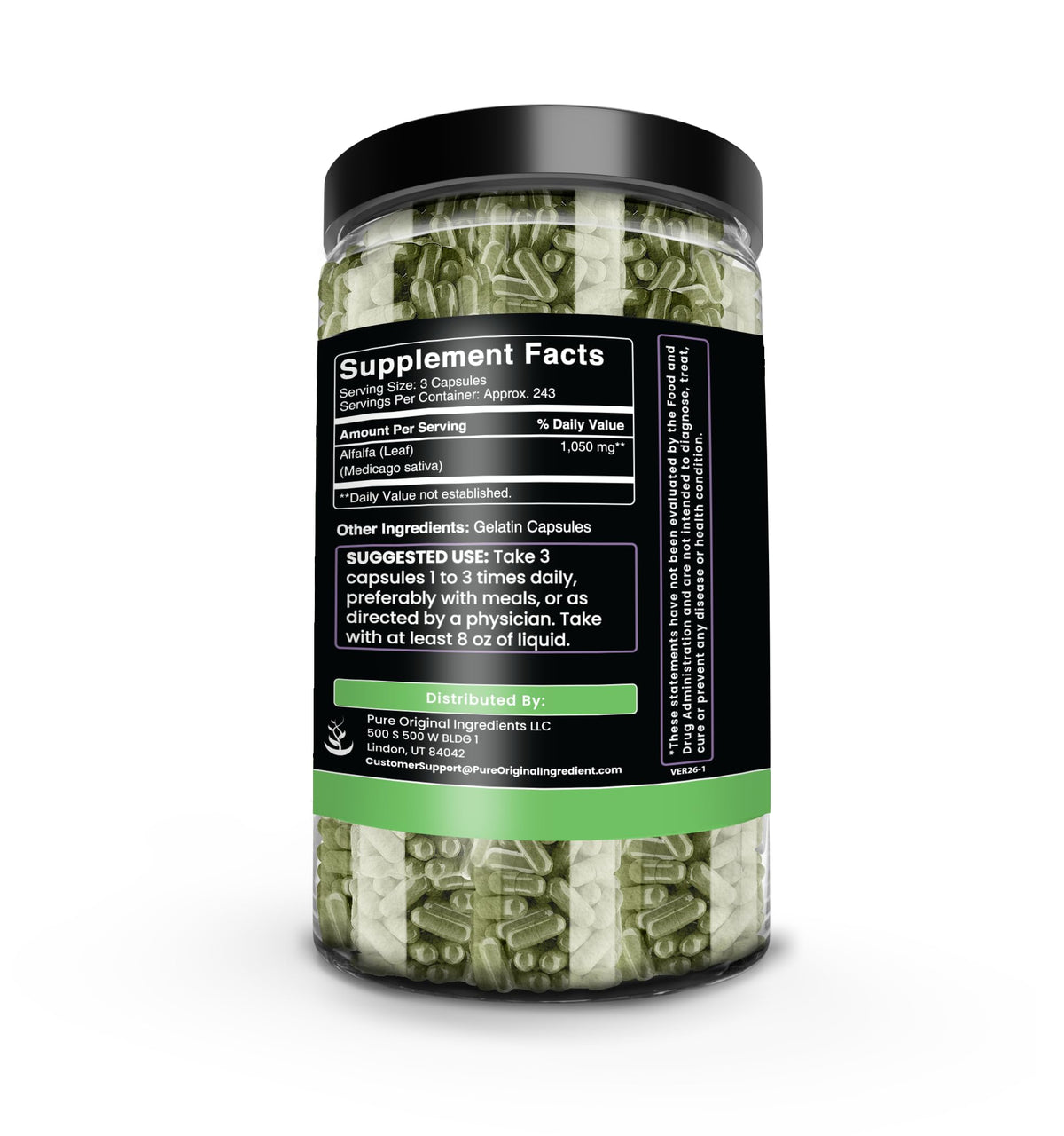 Side view of PURE ORIGINAL INGREDIENTS Alfalfa Leaf Capsules bottle