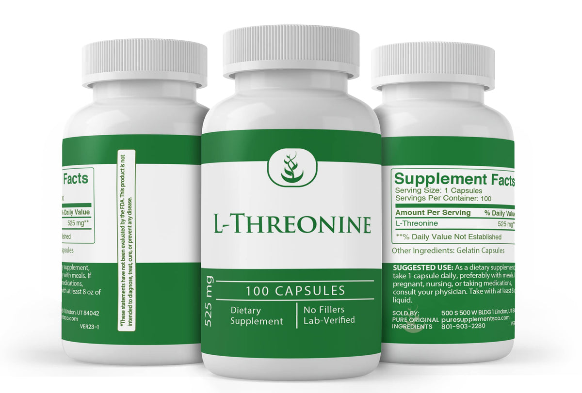 Side view of PURE ORIGINAL INGREDIENTS L-Threonine Capsules bottle