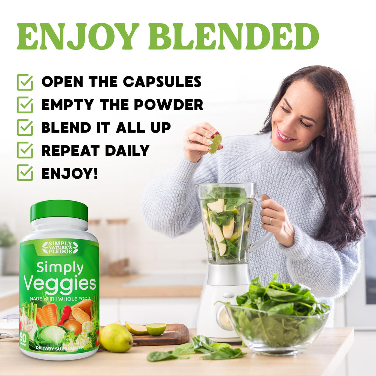 Simply Nature's Pledge Whole Food Superfood Supplement on a wooden table