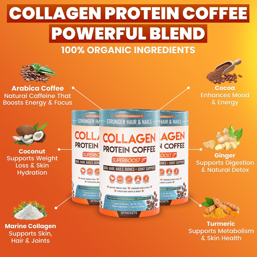 Skinny Coffee SuperBoost Collagen Protein Coffee Powder scoop and powder