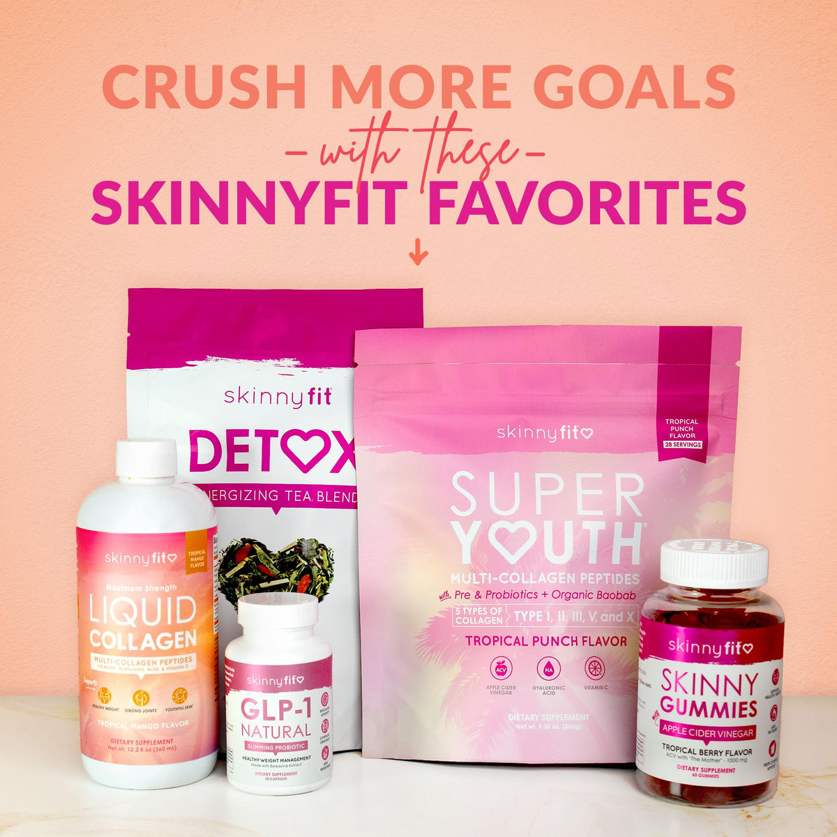 SkinnyFit Super Youth Collagen Powder lifestyle scene with shaker bottle