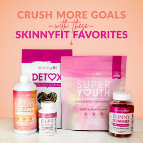 SkinnyFit Super Youth Collagen Powder lifestyle scene with shaker bottle