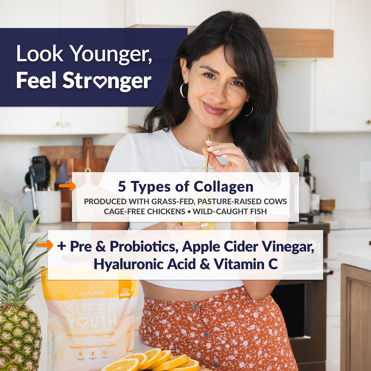 SkinnyFit Super Youth Collagen Powder scoop with orange pineapple powder