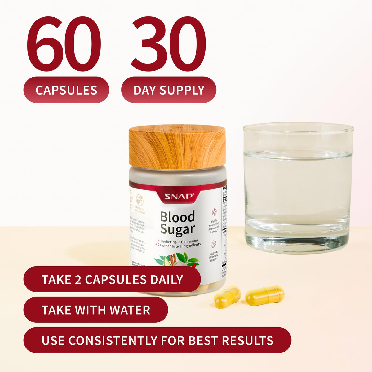 Snap Supplements Blood Sugar Blend bottle with a measuring spoon