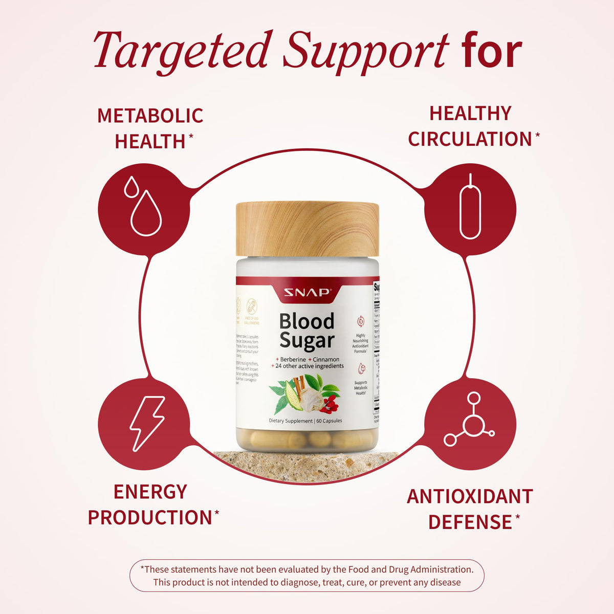 Snap Supplements Blood Sugar Blend capsules on a wooden table