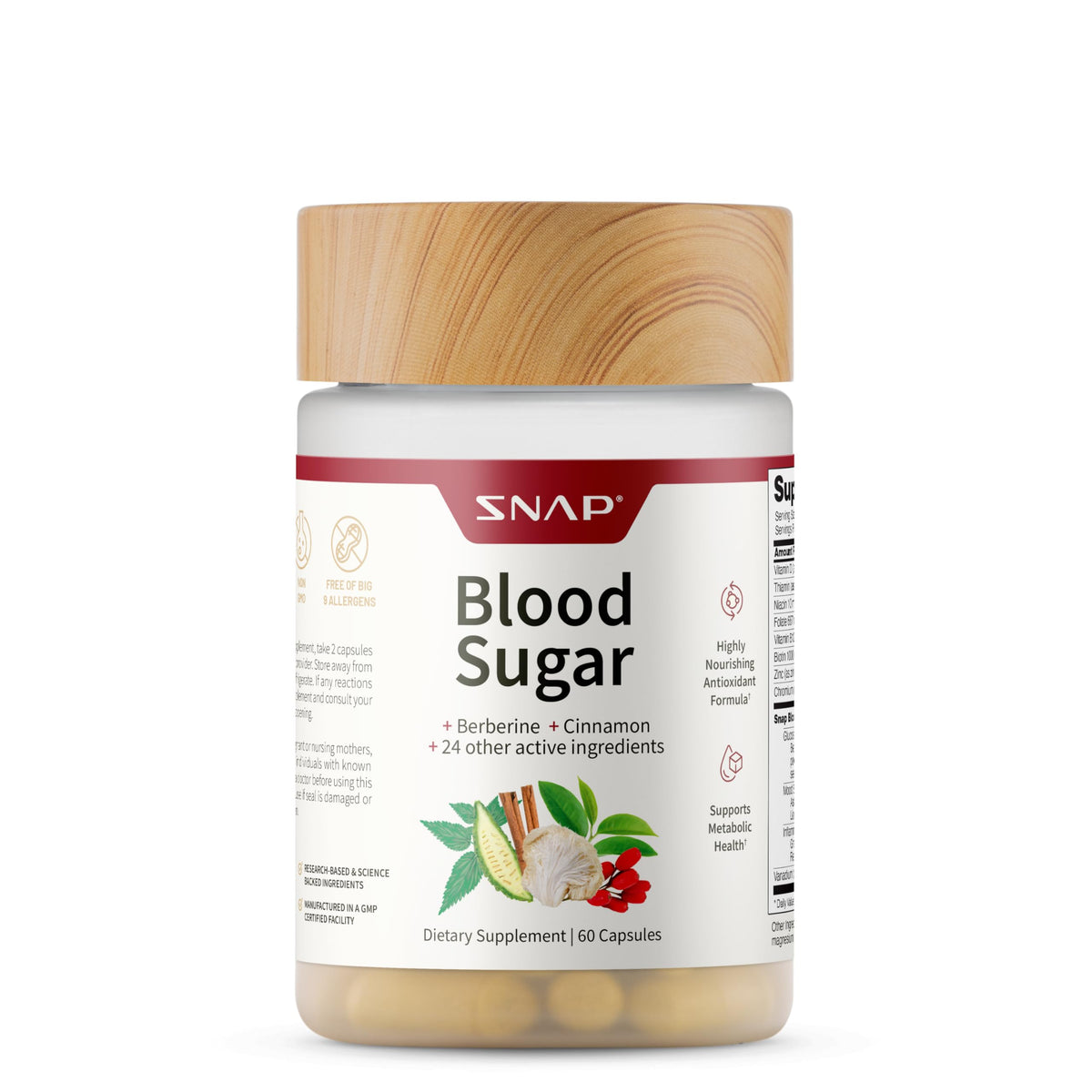 Snap Supplements Blood Sugar Blend with Berberine 60 Vegan Capsules front view