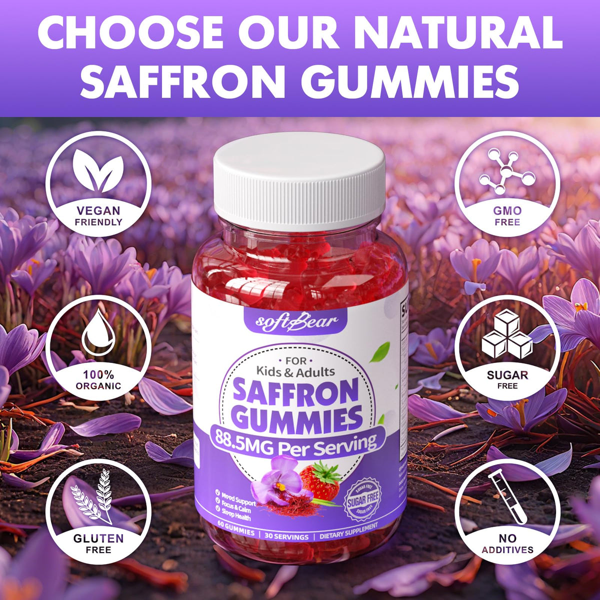 softbear Saffron Gummies with fresh strawberries