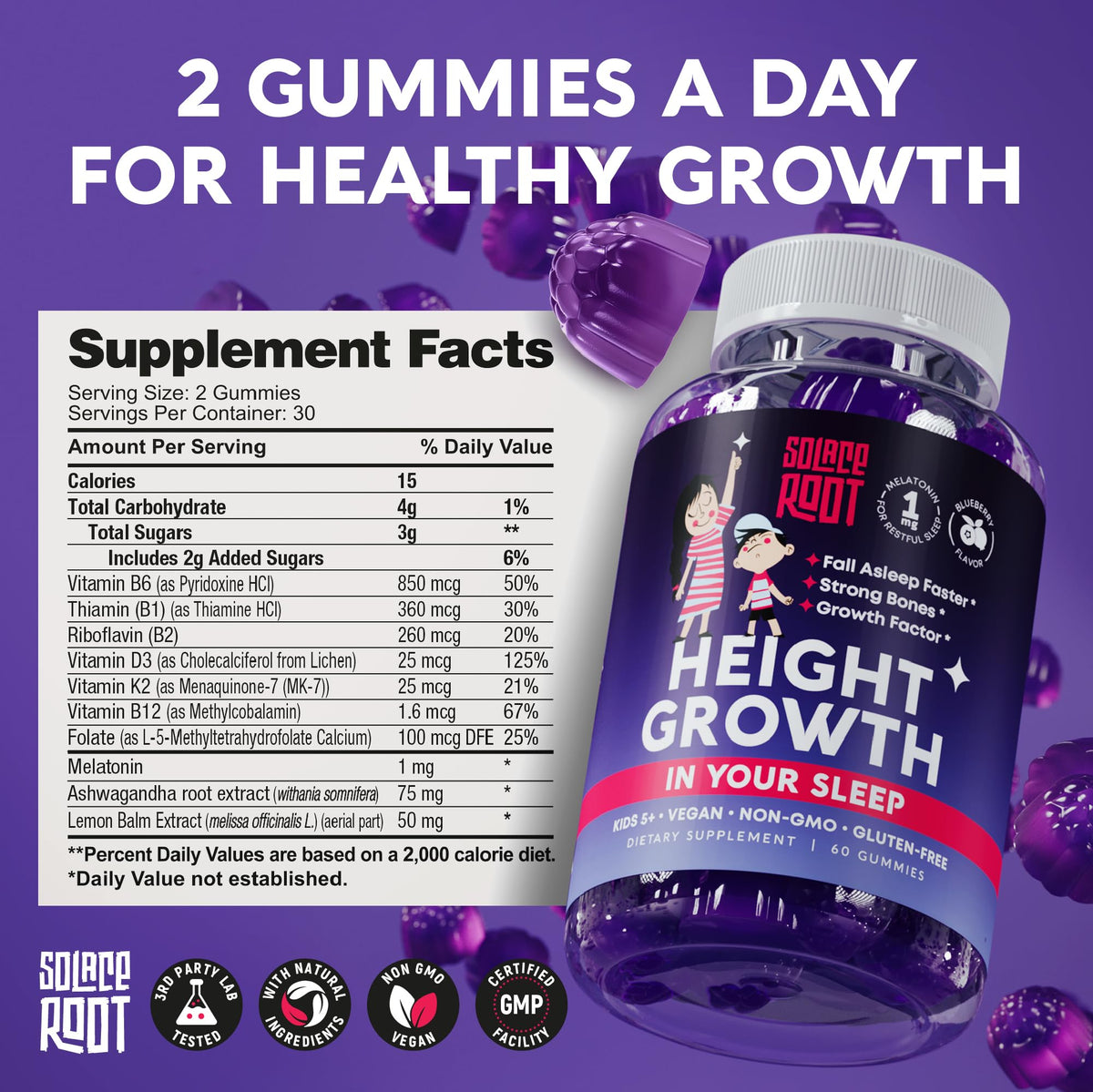 SOLACEROOT Height Growth Gummies back view with nutrition facts