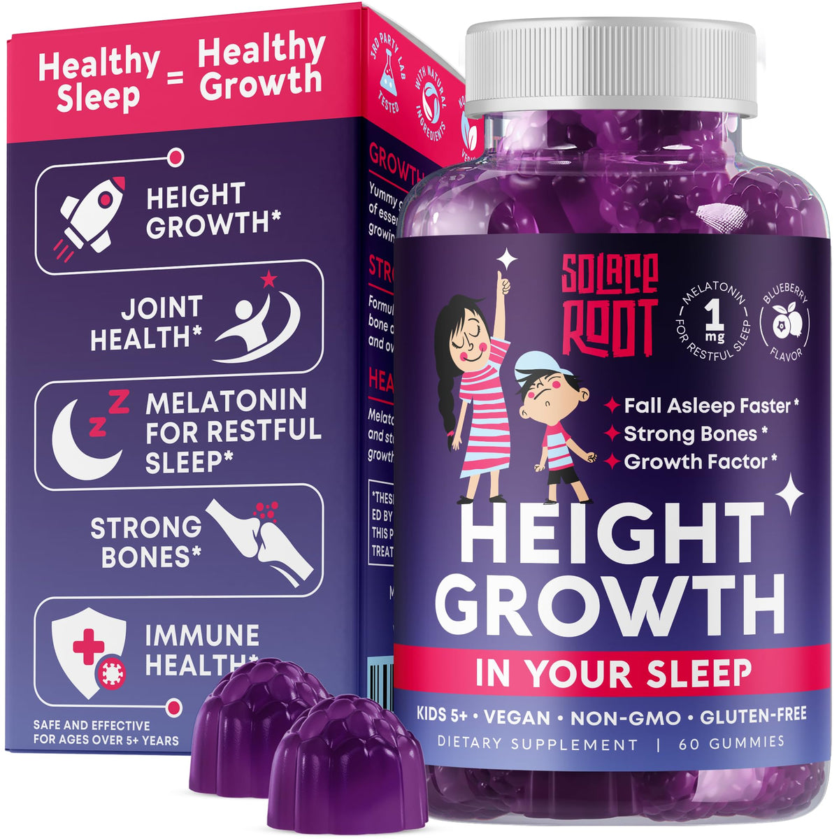 SOLACEROOT Height Growth Gummies front view, 240g package