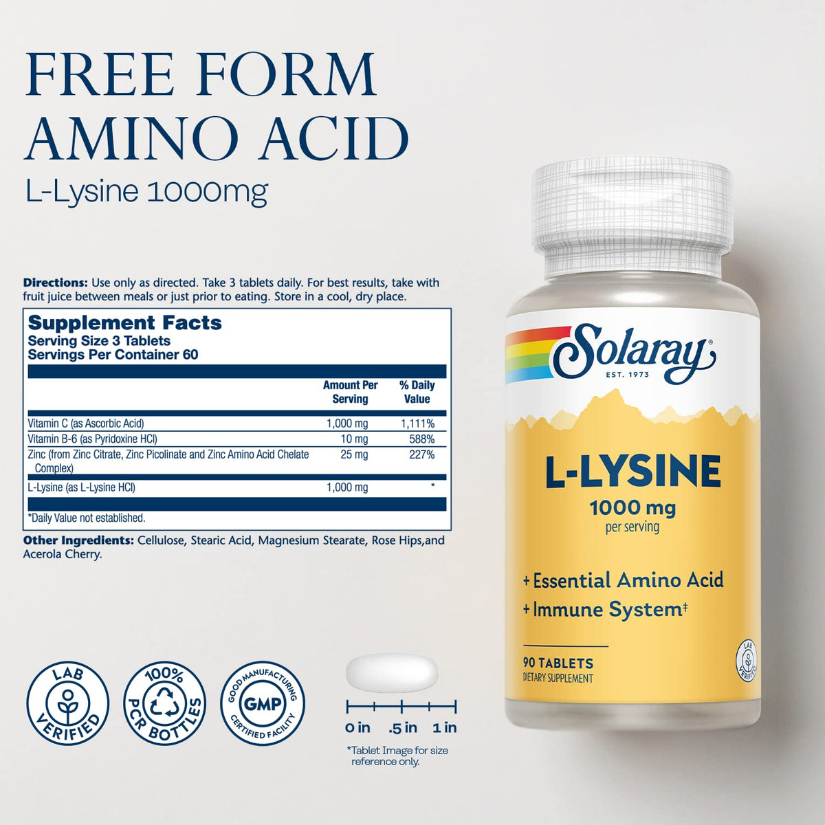 SOLARAY L Lysine supplement side view showing dosage information