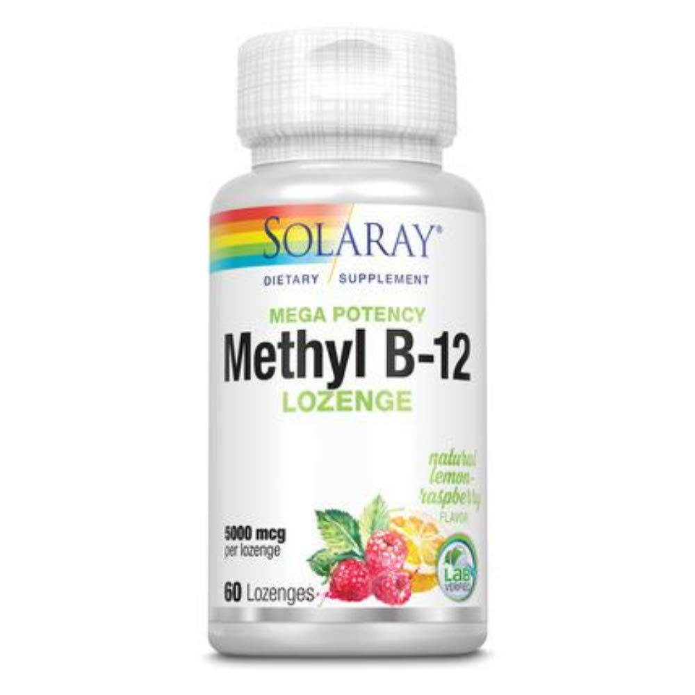 SOLARAY Methyl B12 5000mcg Raspberry-Lemon lozenge front view