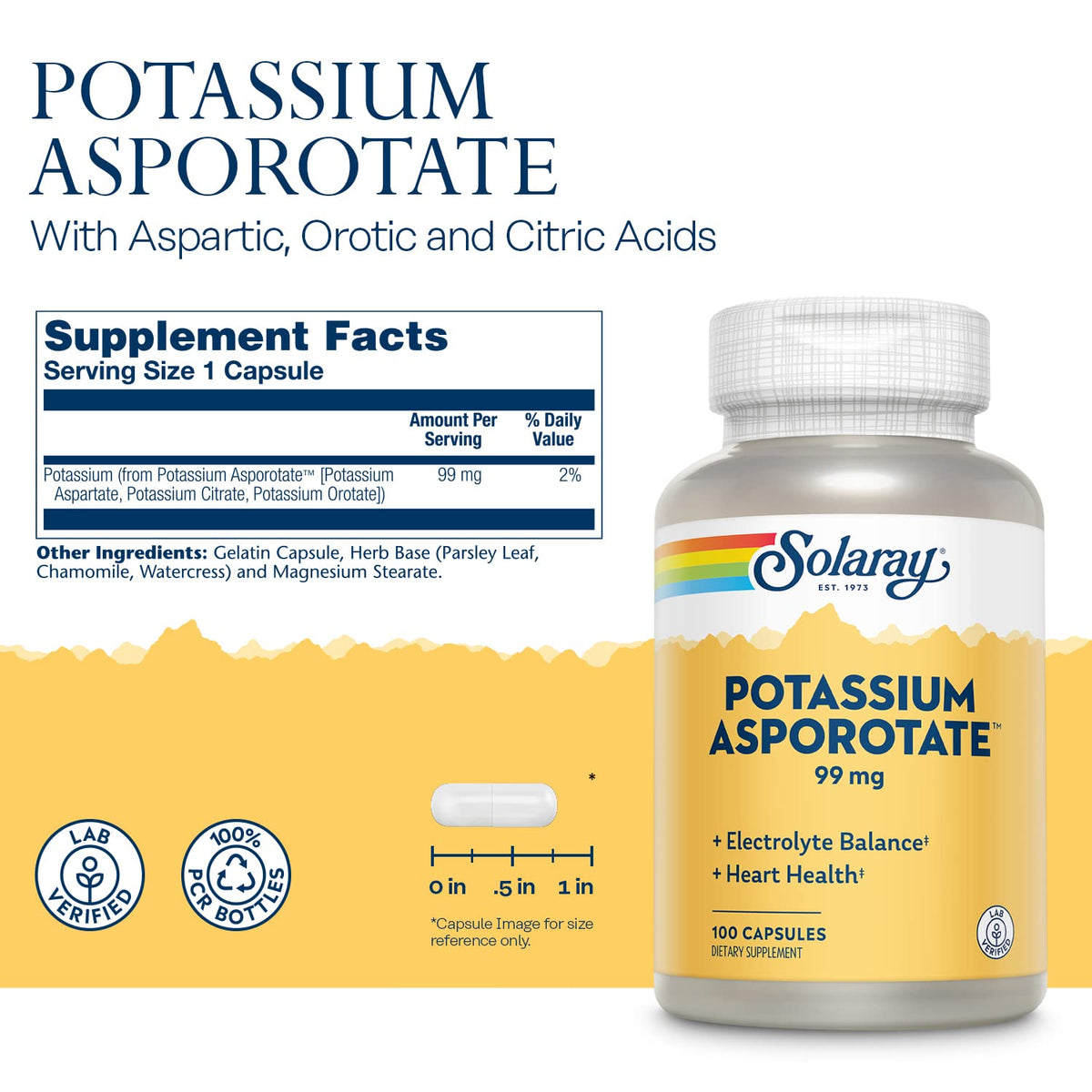SOLARAY Potassium Asporotate Chelated Supplement side view showing capsule details