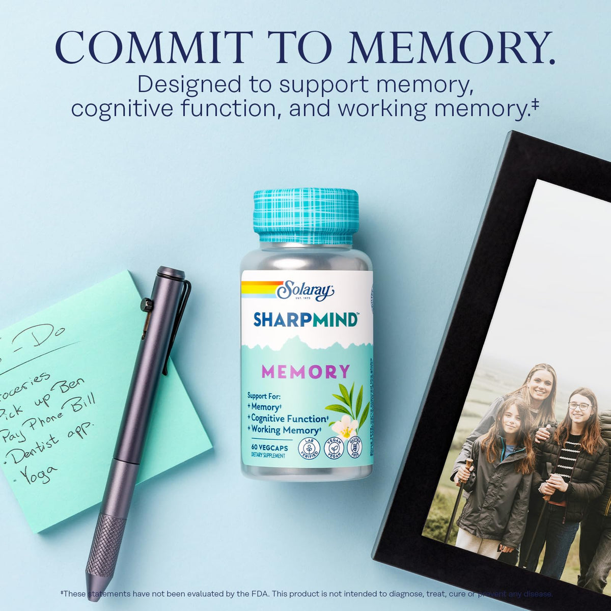 SOLARAY SharpMind Memory Formula capsules on a wooden surface