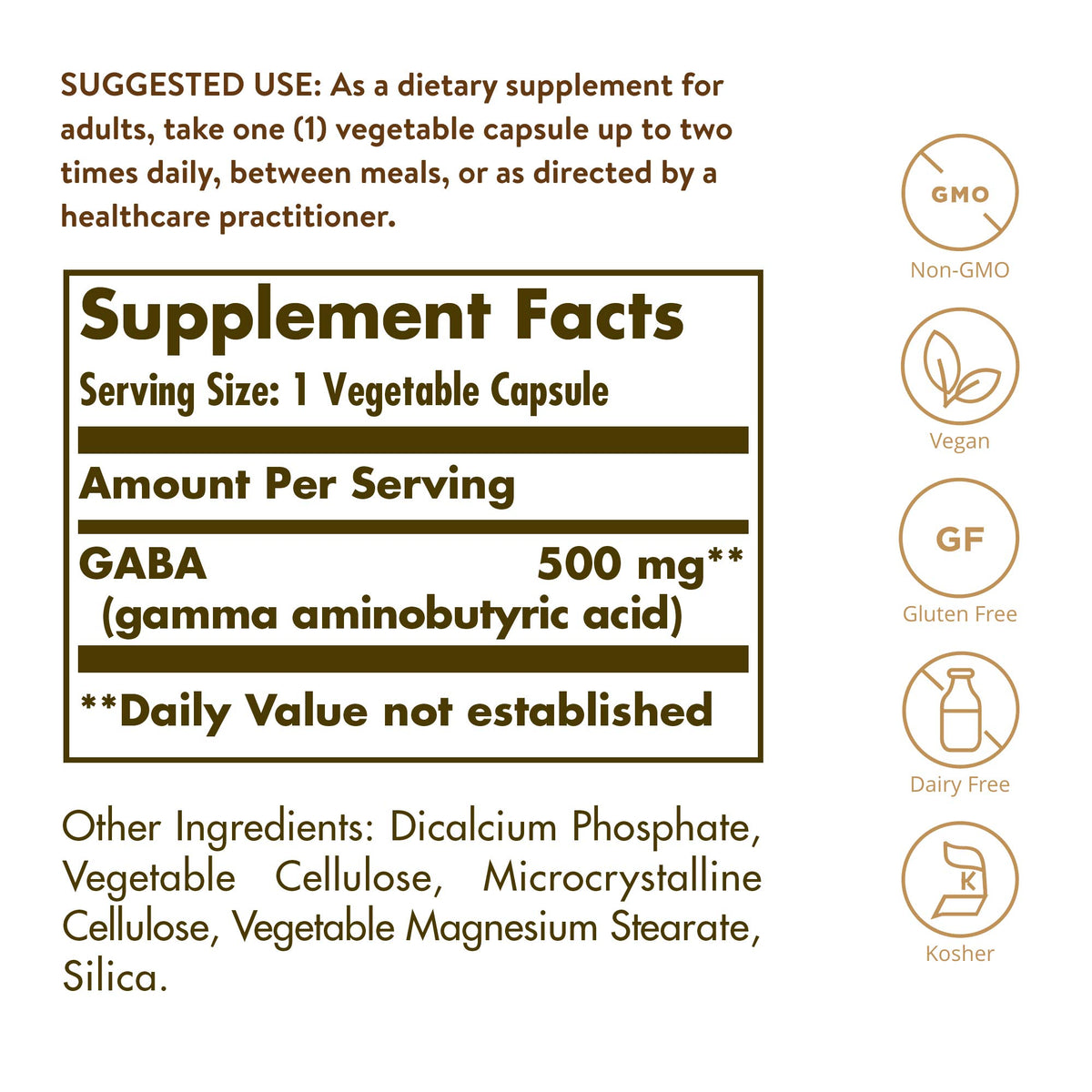 Solgar GABA 500 mg vegetable capsules side view
