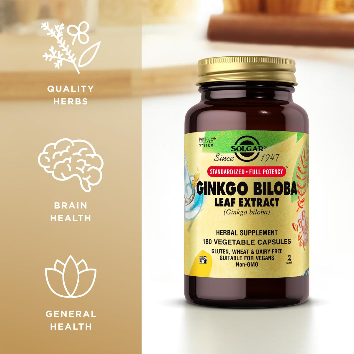 Solgar Ginkgo Biloba Leaf Extract capsules with a measuring spoon