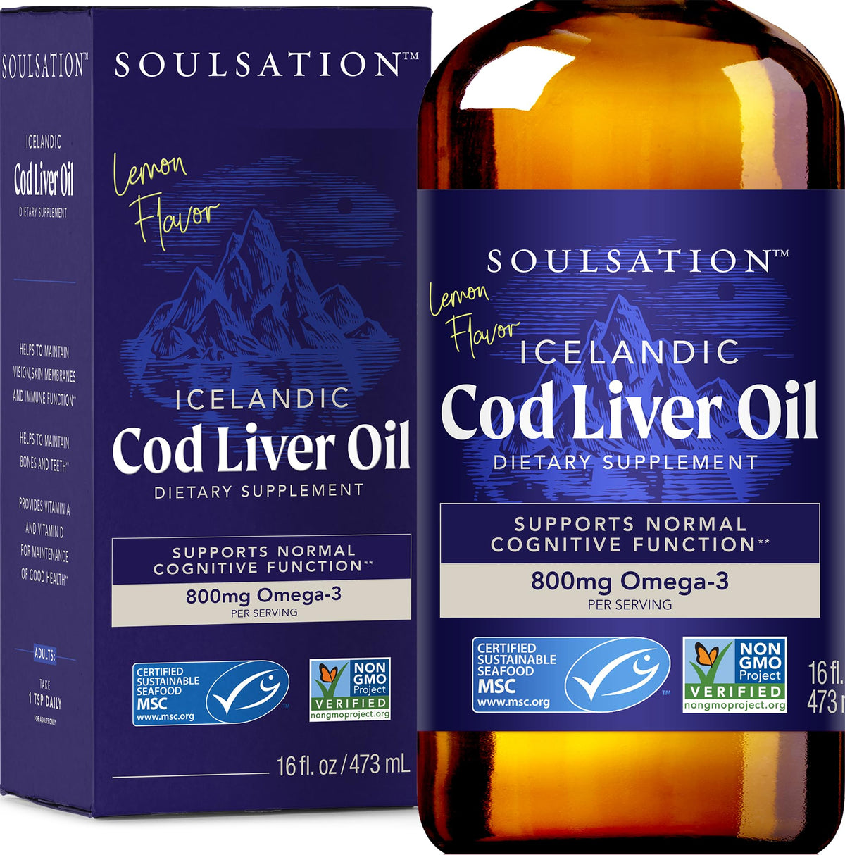 SOULSATION Icelandic Cod Liver Oil Liquid 16oz bottle front view