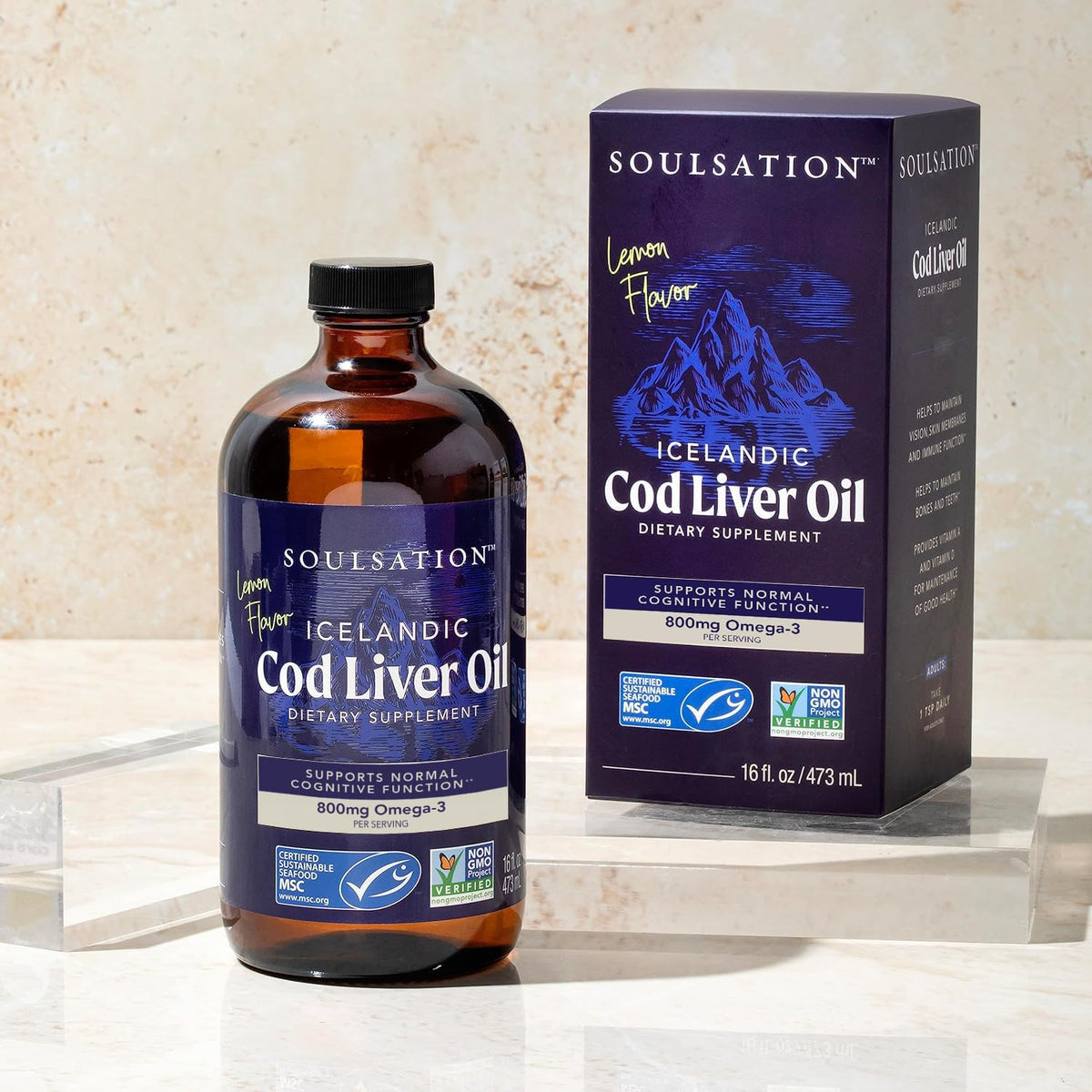 SOULSATION Icelandic Cod Liver Oil Liquid 16oz bottle side view