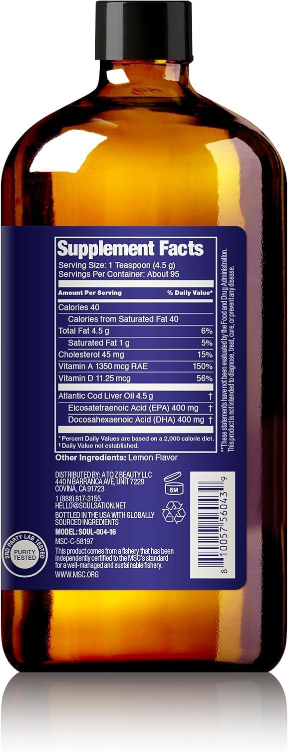 SOULSATION Icelandic Cod Liver Oil Liquid 16oz bottle with lemon slices